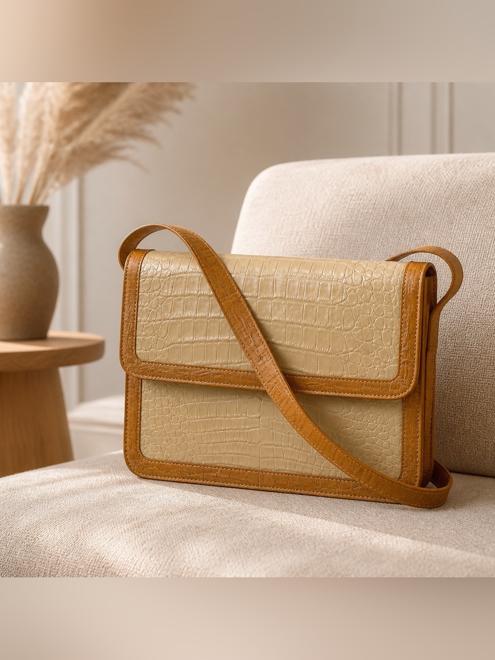 Nancy Gonzalez Genuine Crocodile skin Crossbody Bag in Cream & Tan Trim